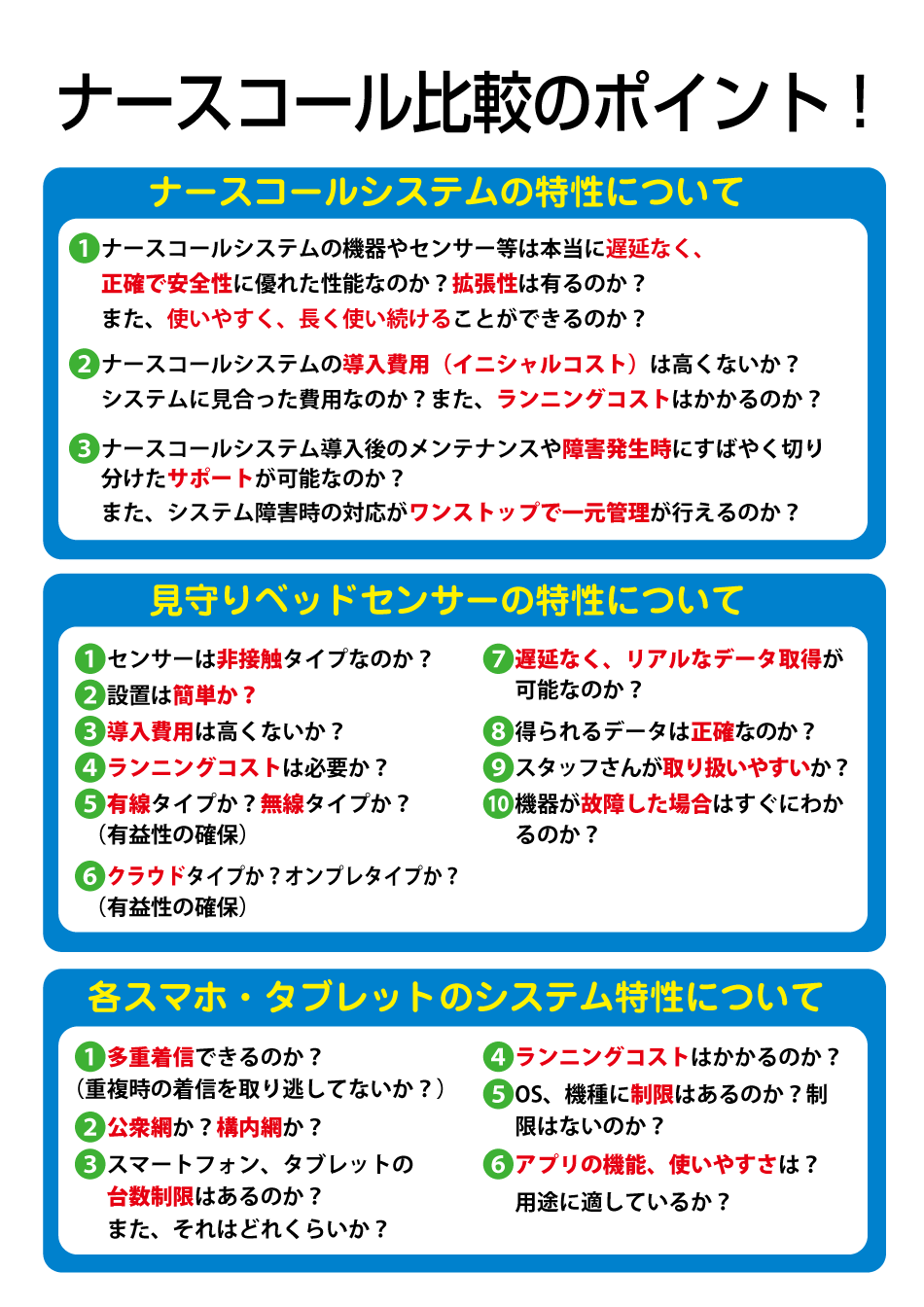 ナースコール比較のポイント！ナースコールシステムの特性、見守りベッドセンサーの特性、各スマホ・タブレットのシステム特性について